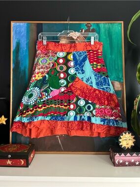Desigual Y2K Patchwork A-Line Skirt Embroidered Art Print Boho Cotton L